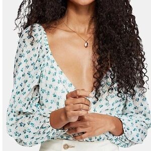 Free People Floral Deep V-Neck Blouse - White and green